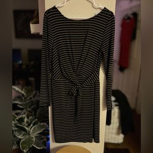 Loft Black/Gold Striped Long Sleeve Faux Tie Wrap Dress